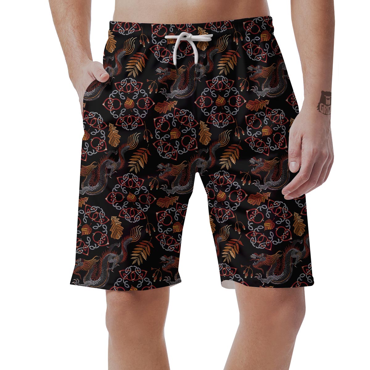 Embroidery Japanese Dragon Print Men's Shorts-grizzshop