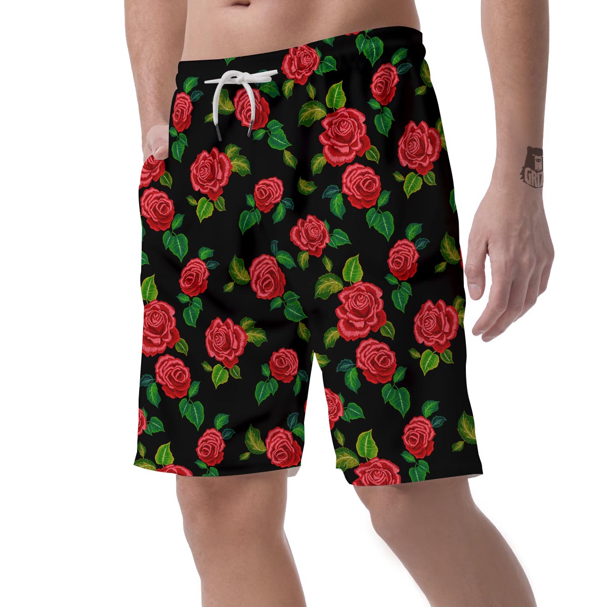 Embroidery Red Rose Floral Print Men's Shorts-grizzshop