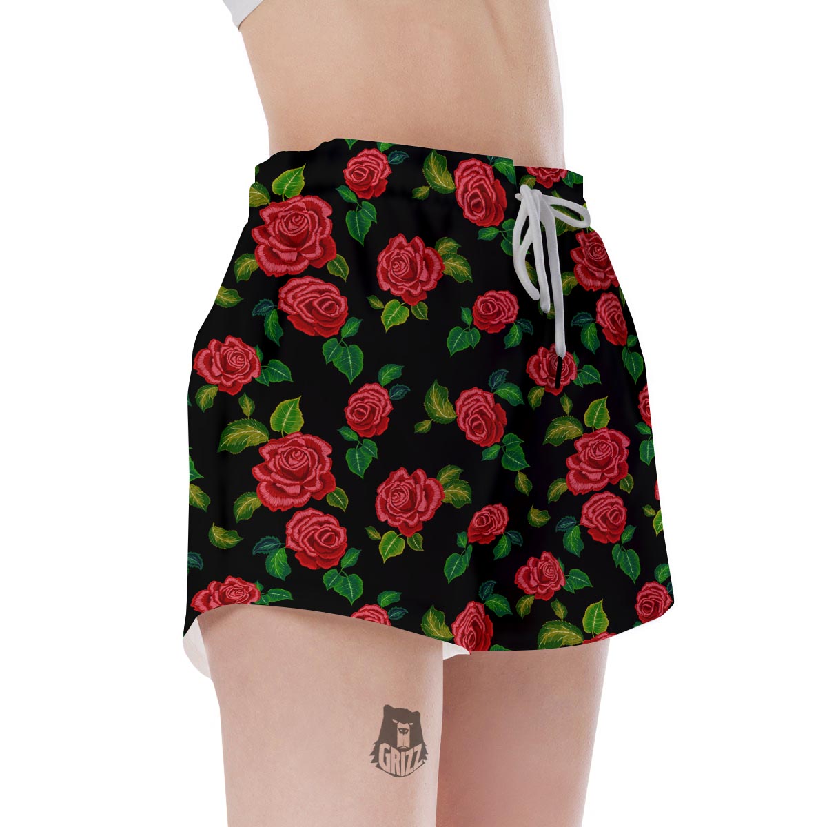Embroidery Red Rose Floral Print Women's Shorts-grizzshop