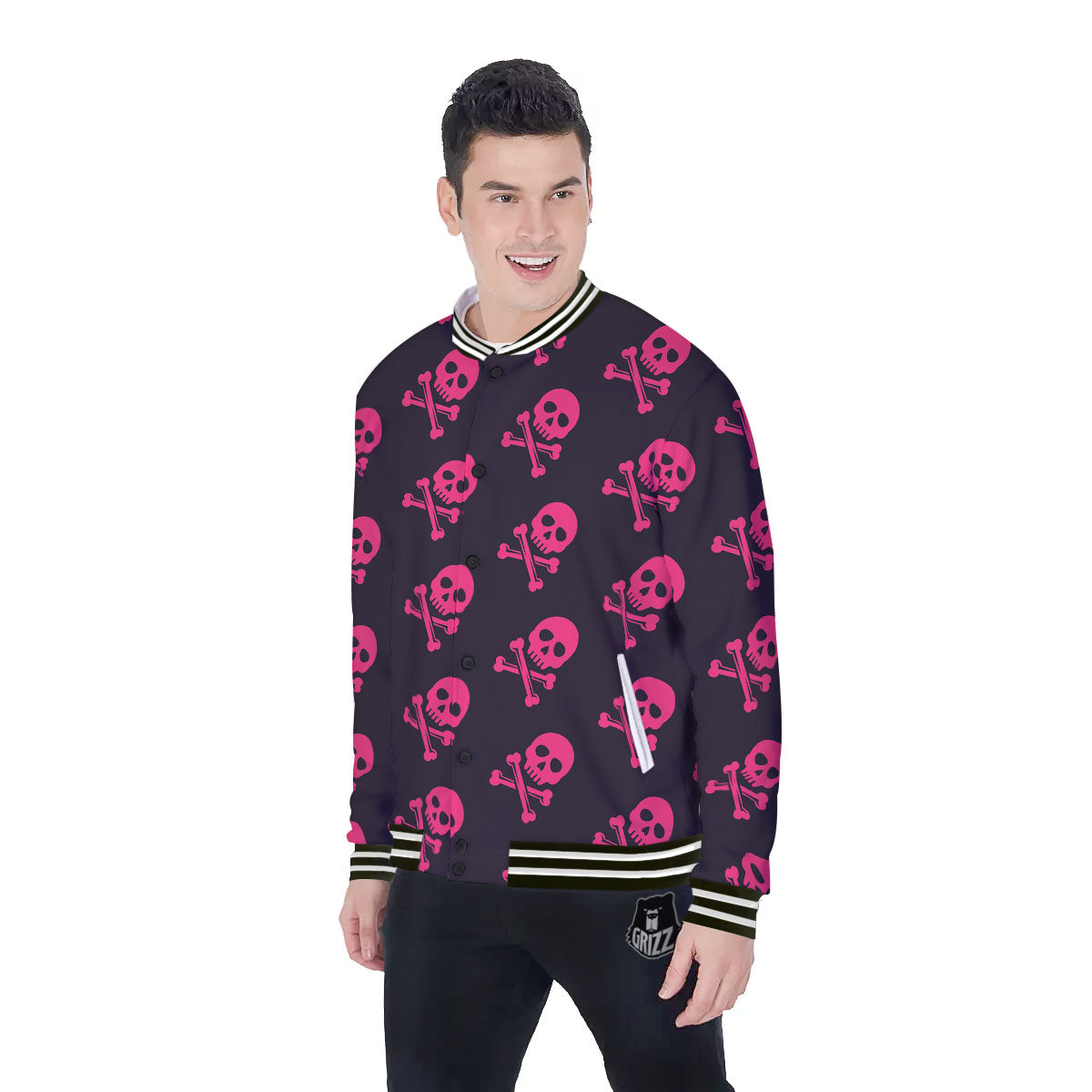 Emo Skull Pink Print Pattern Baseball Jacket-grizzshop