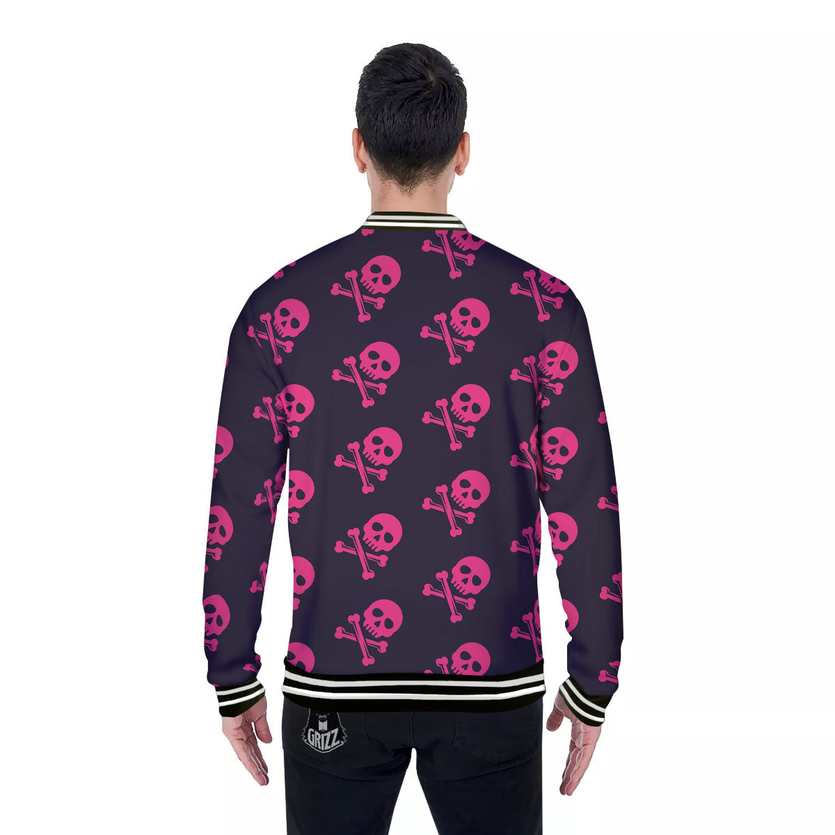 Emo Skull Pink Print Pattern Baseball Jacket-grizzshop