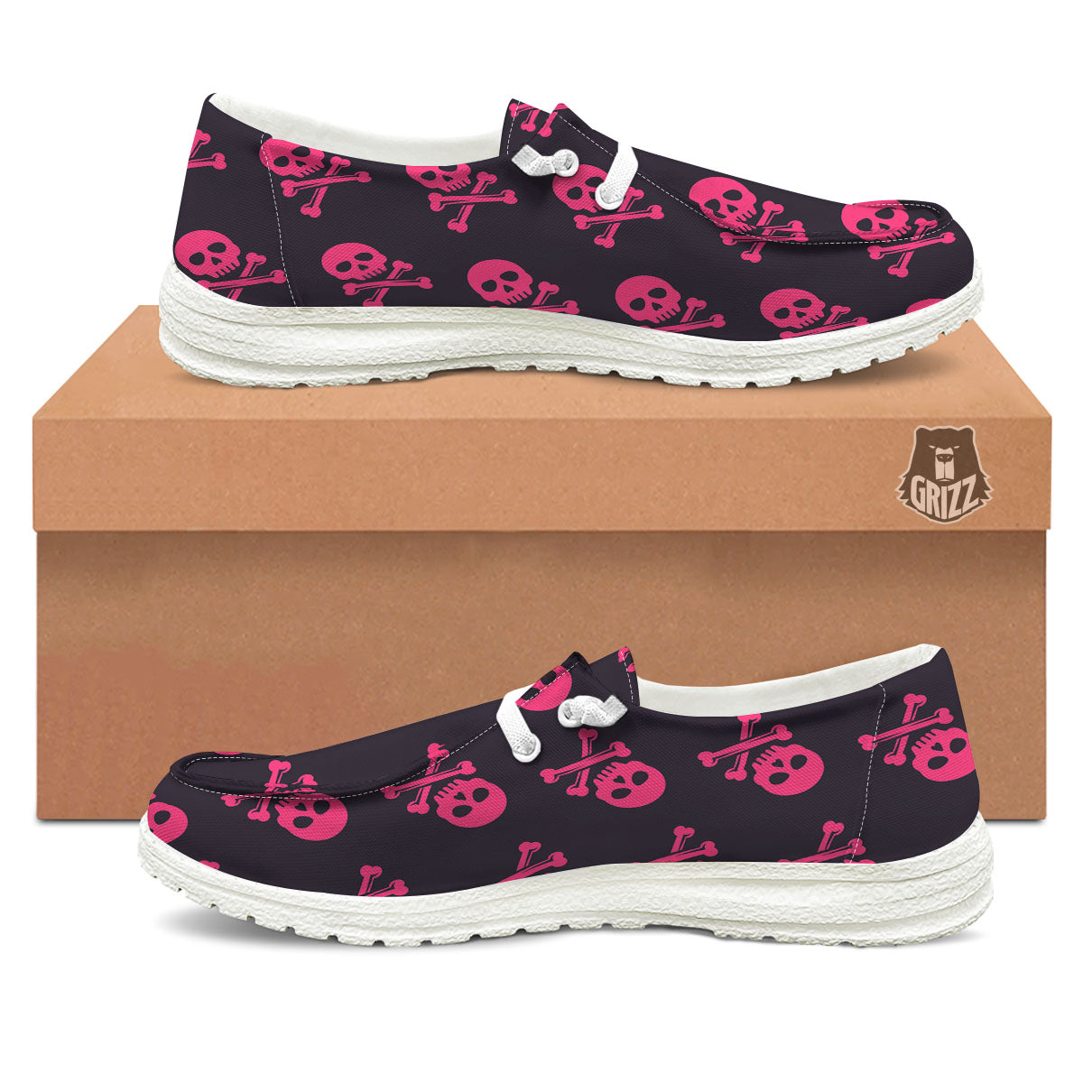 Emo Skull Pink Print Pattern Black Loafers-grizzshop