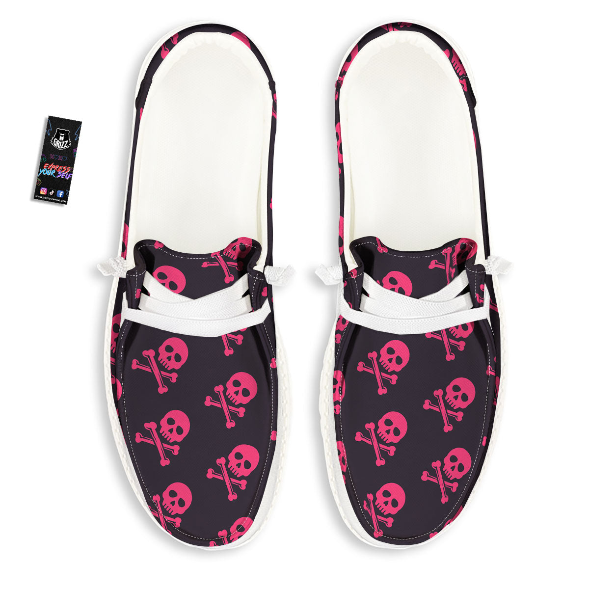 Emo Skull Pink Print Pattern Black Loafers-grizzshop
