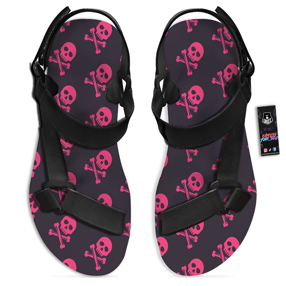 Emo Skull Pink Print Pattern Black Open Toe Sandals-grizzshop