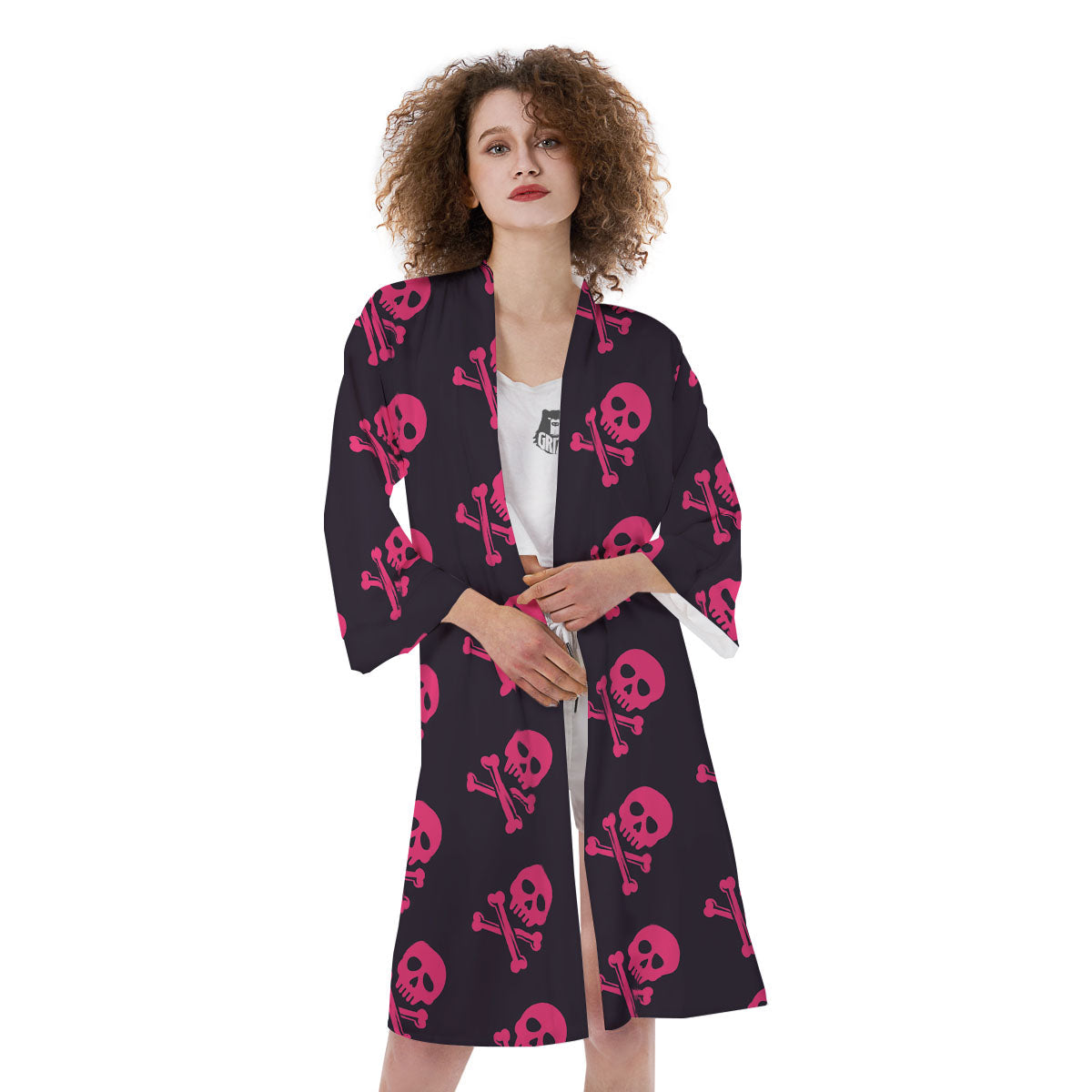 Emo Skull Pink Print Pattern Kimono-grizzshop