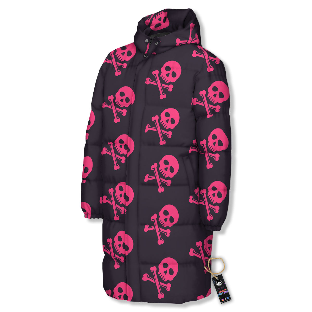Emo Skull Pink Print Pattern Long Down Jacket-grizzshop