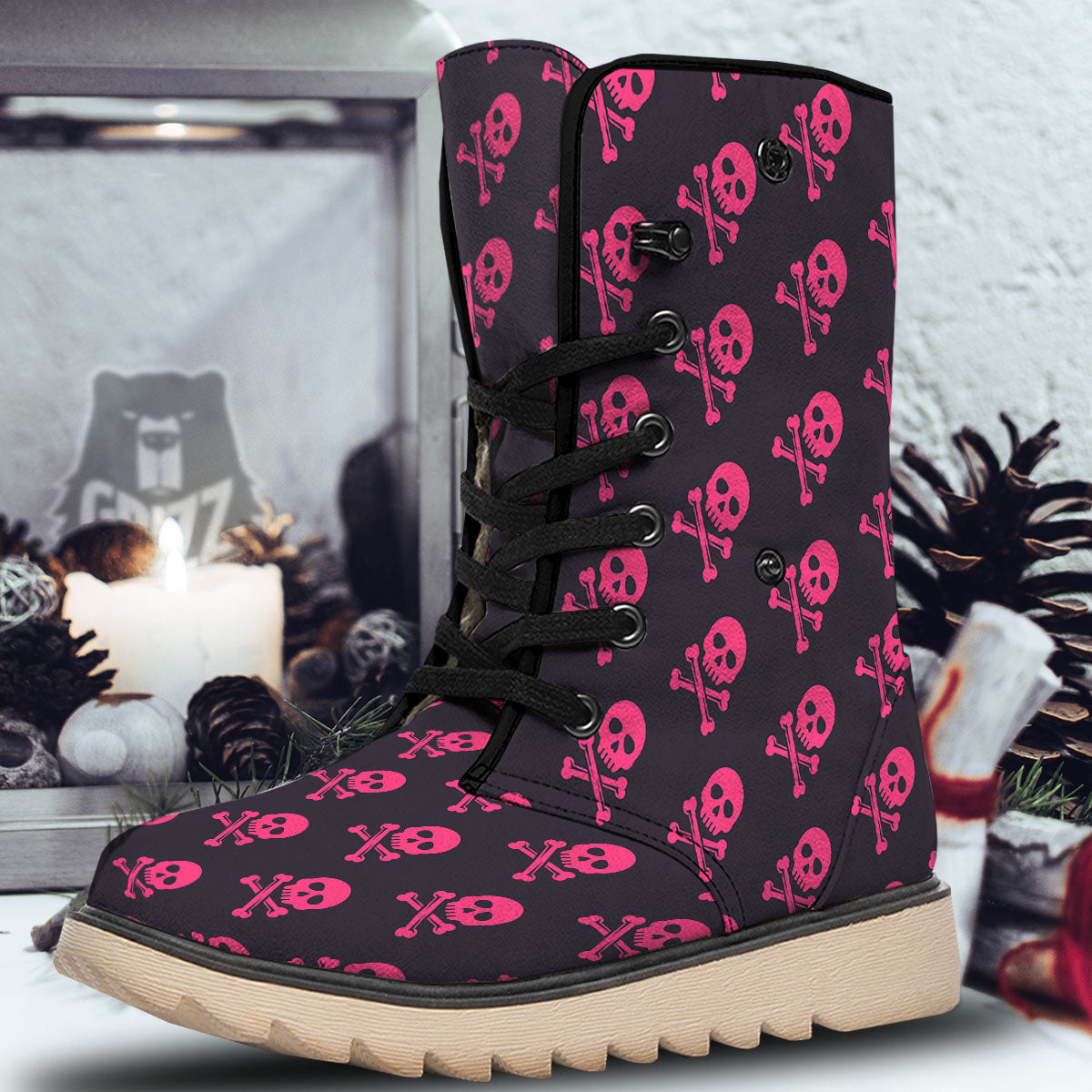 Emo Skull Pink Print Pattern Snow Boots-grizzshop