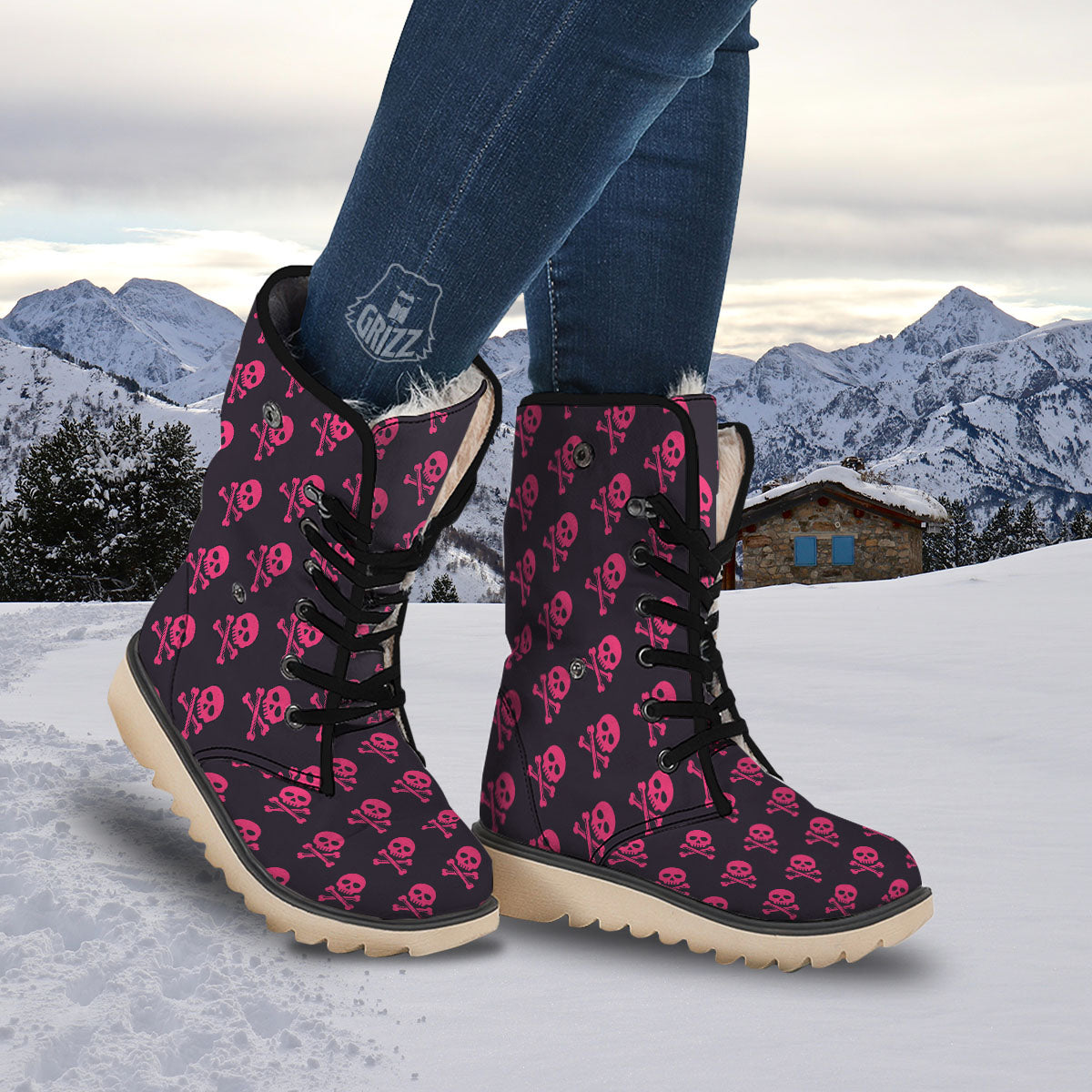 Emo Skull Pink Print Pattern Snow Boots-grizzshop