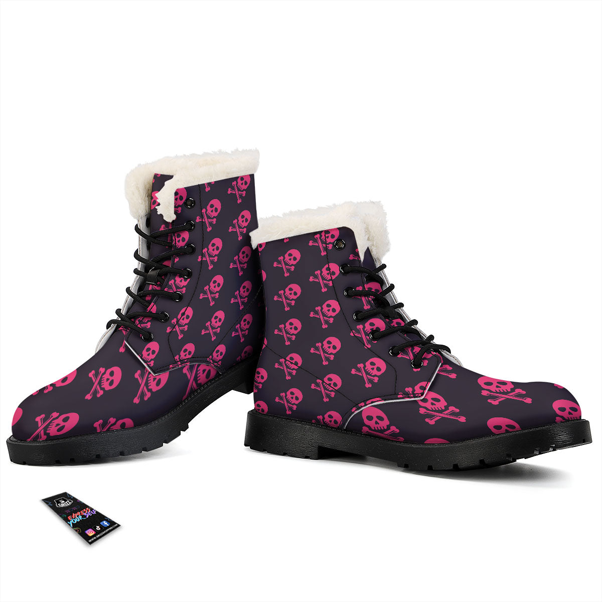 Emo Skull Pink Print Pattern Winter Boots-grizzshop