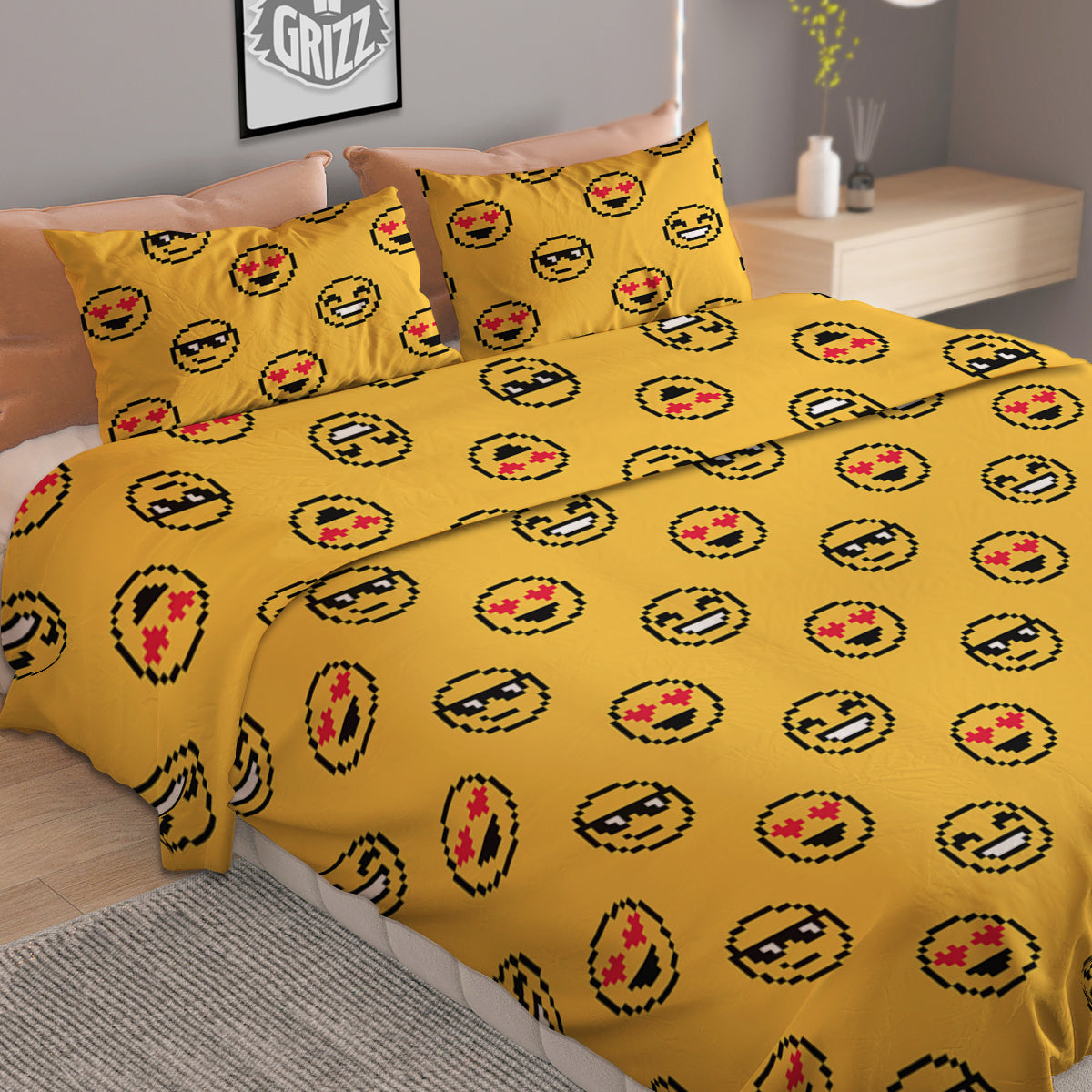 Emoji 8-Bit Print Pattern Duvet Cover Bedding Set