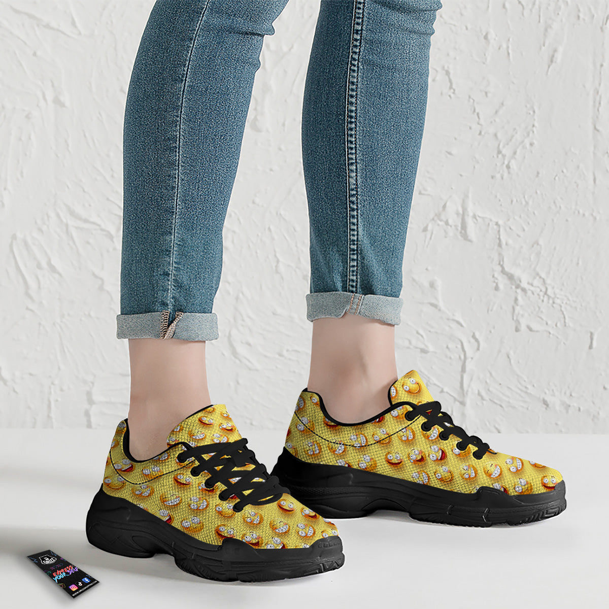 Emoji And Facial Expressions Print Pattern Black Chunky Shoes-grizzshop