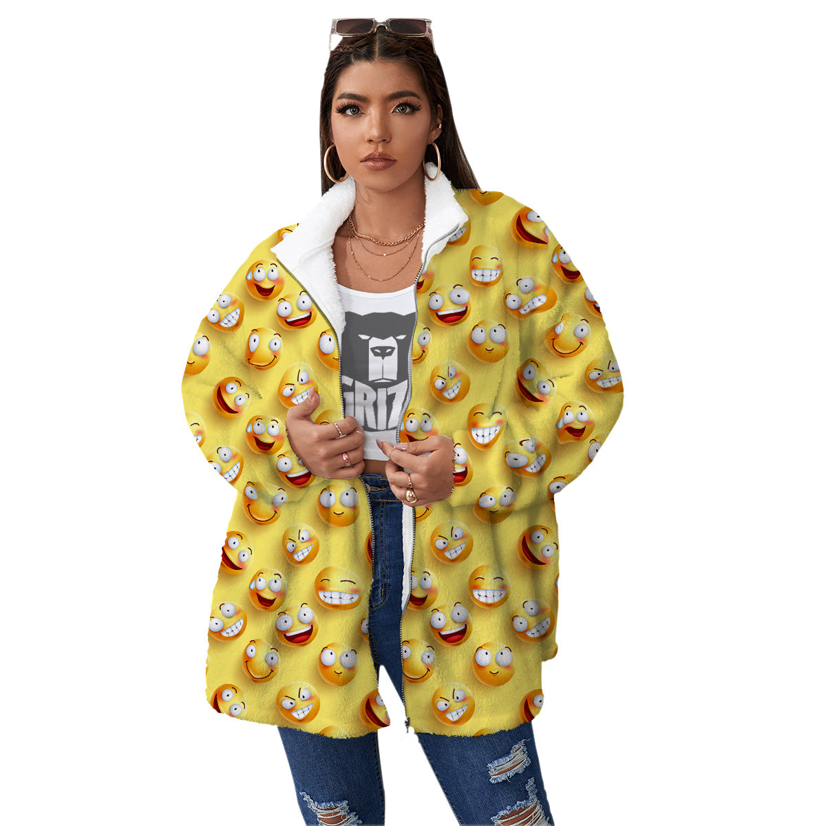 Emoji And Facial Expressions Print Pattern Women's Sherpa Jacket-grizzshop