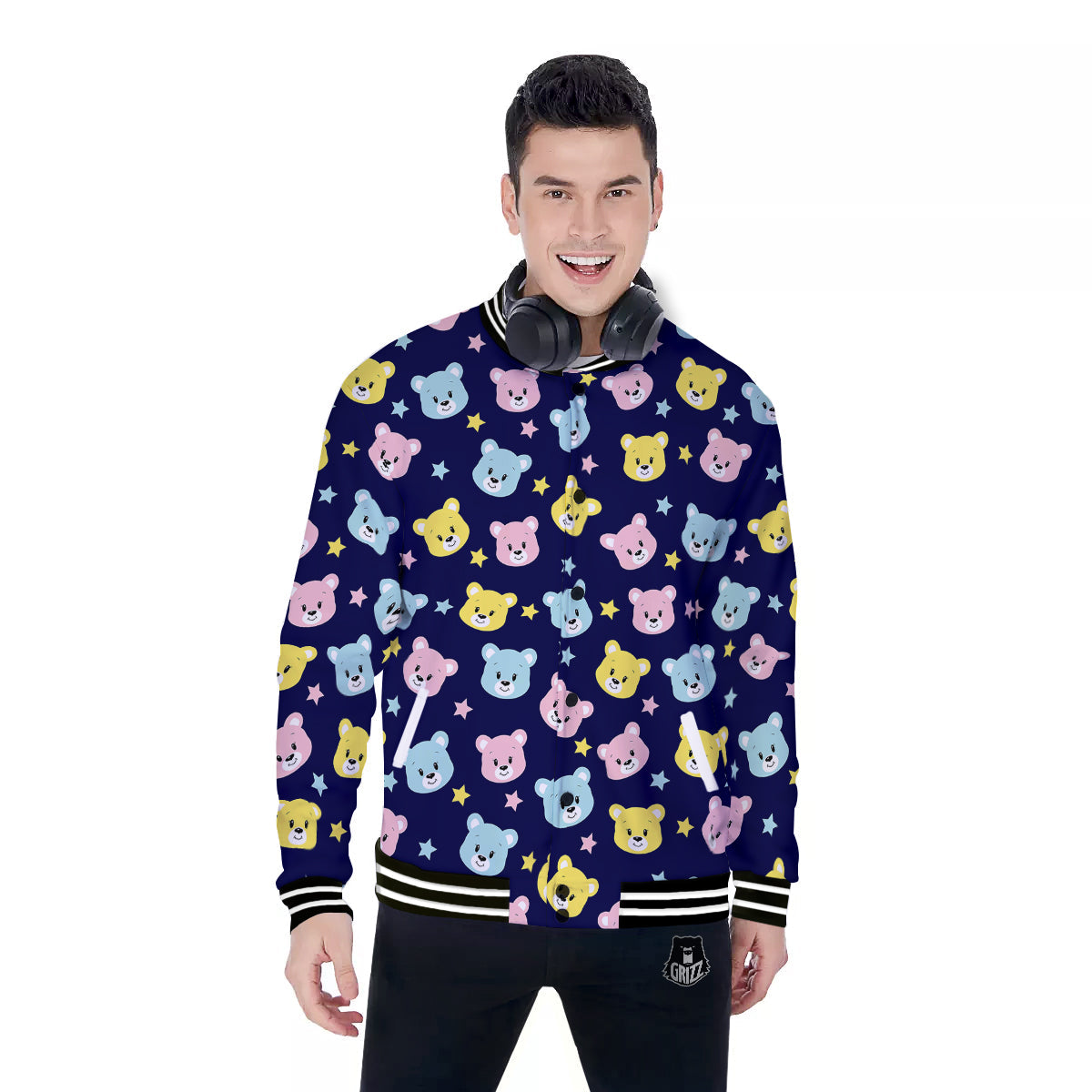 Emoji Bear Print Pattern Baseball Jacket-grizzshop
