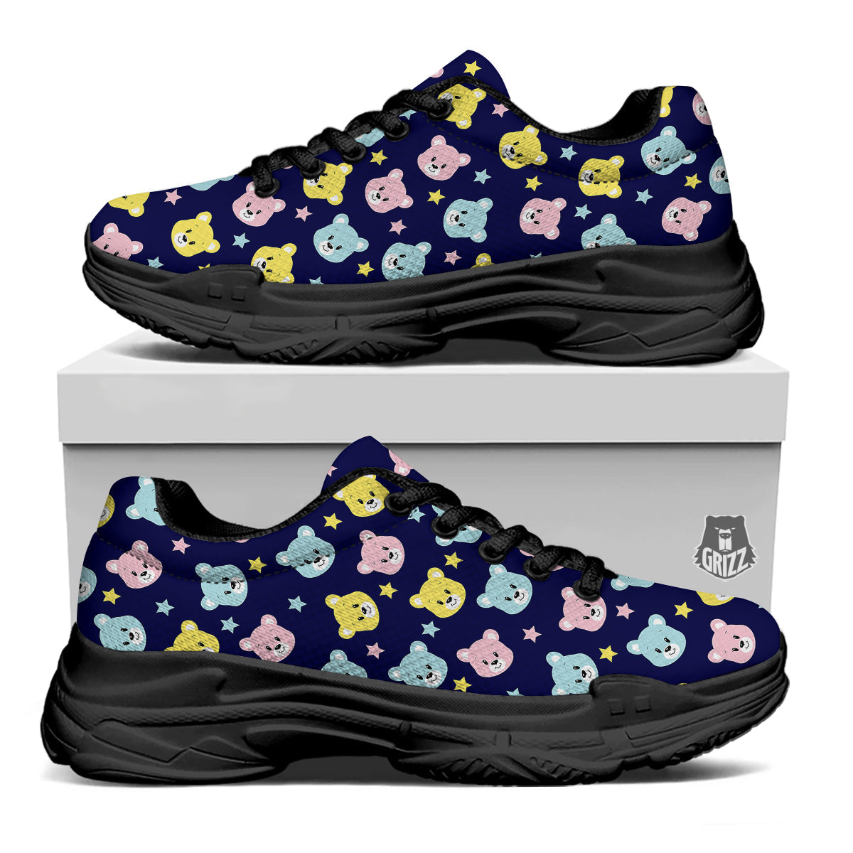Emoji Bear Print Pattern Black Chunky Shoes-grizzshop