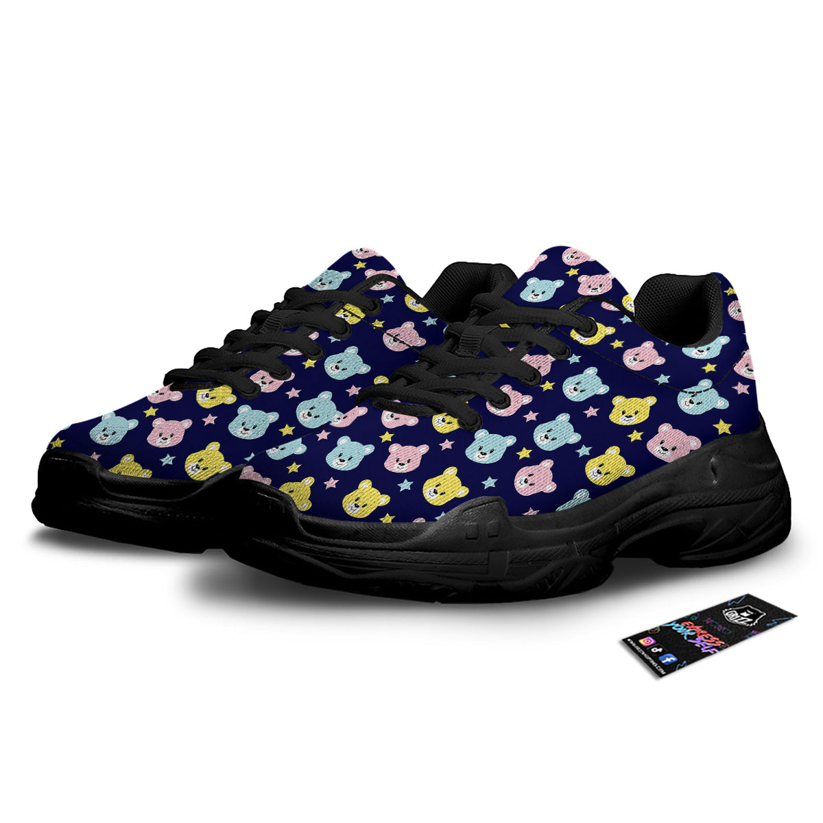 Emoji Bear Print Pattern Black Chunky Shoes-grizzshop