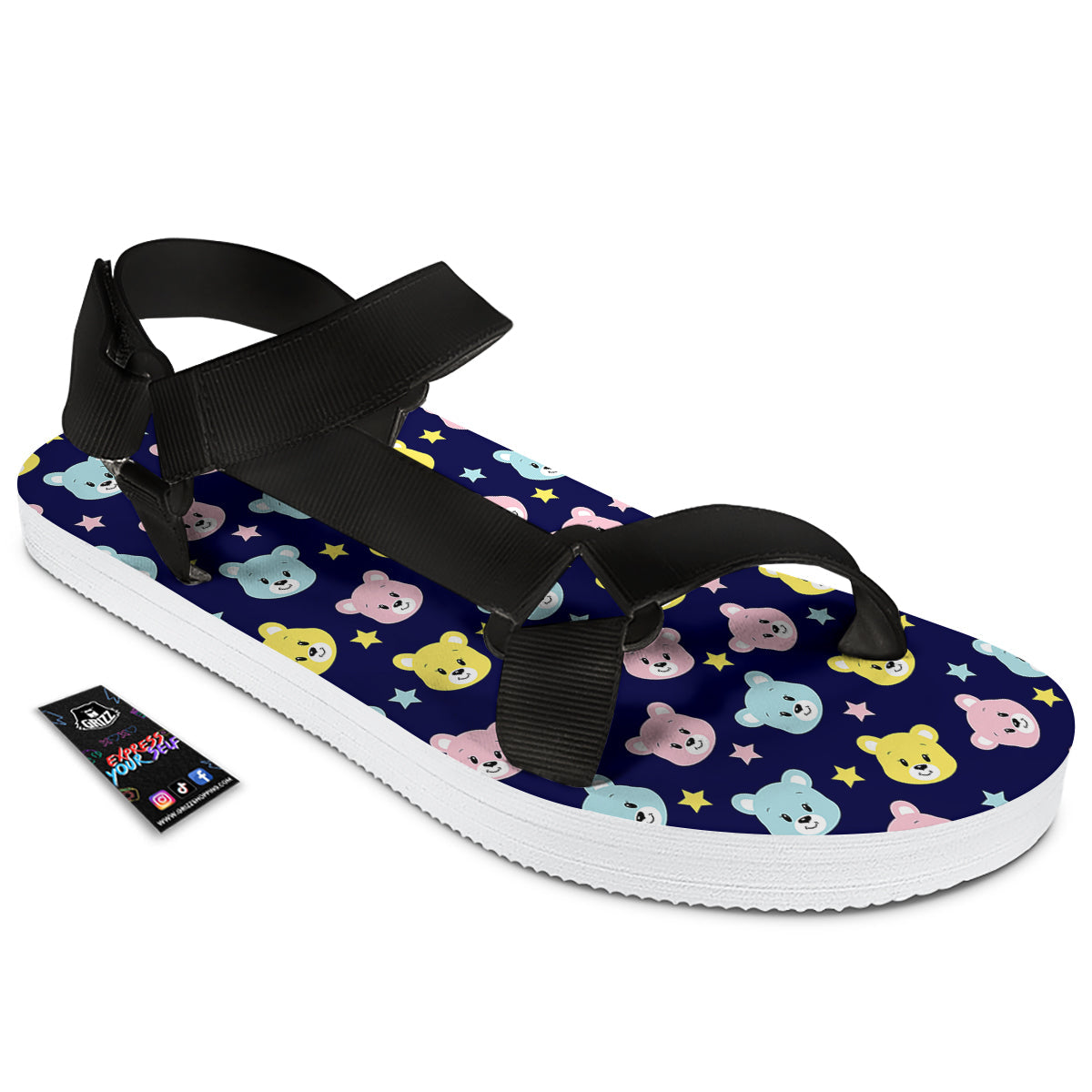Emoji Bear Print Pattern Black Open Toe Sandals-grizzshop