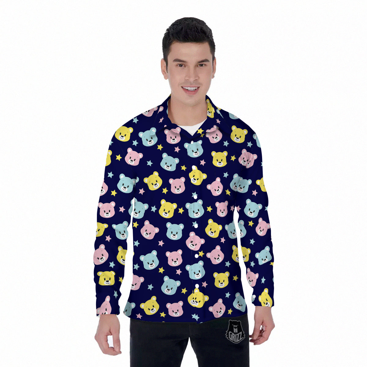 Emoji Bear Print Pattern Men's Long Sleeve Shirts-grizzshop