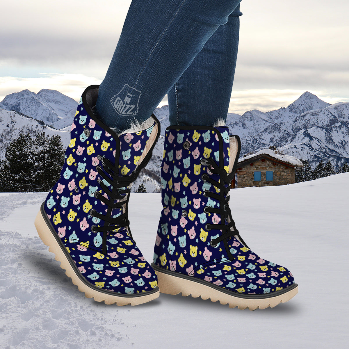 Emoji Bear Print Pattern Snow Boots-grizzshop