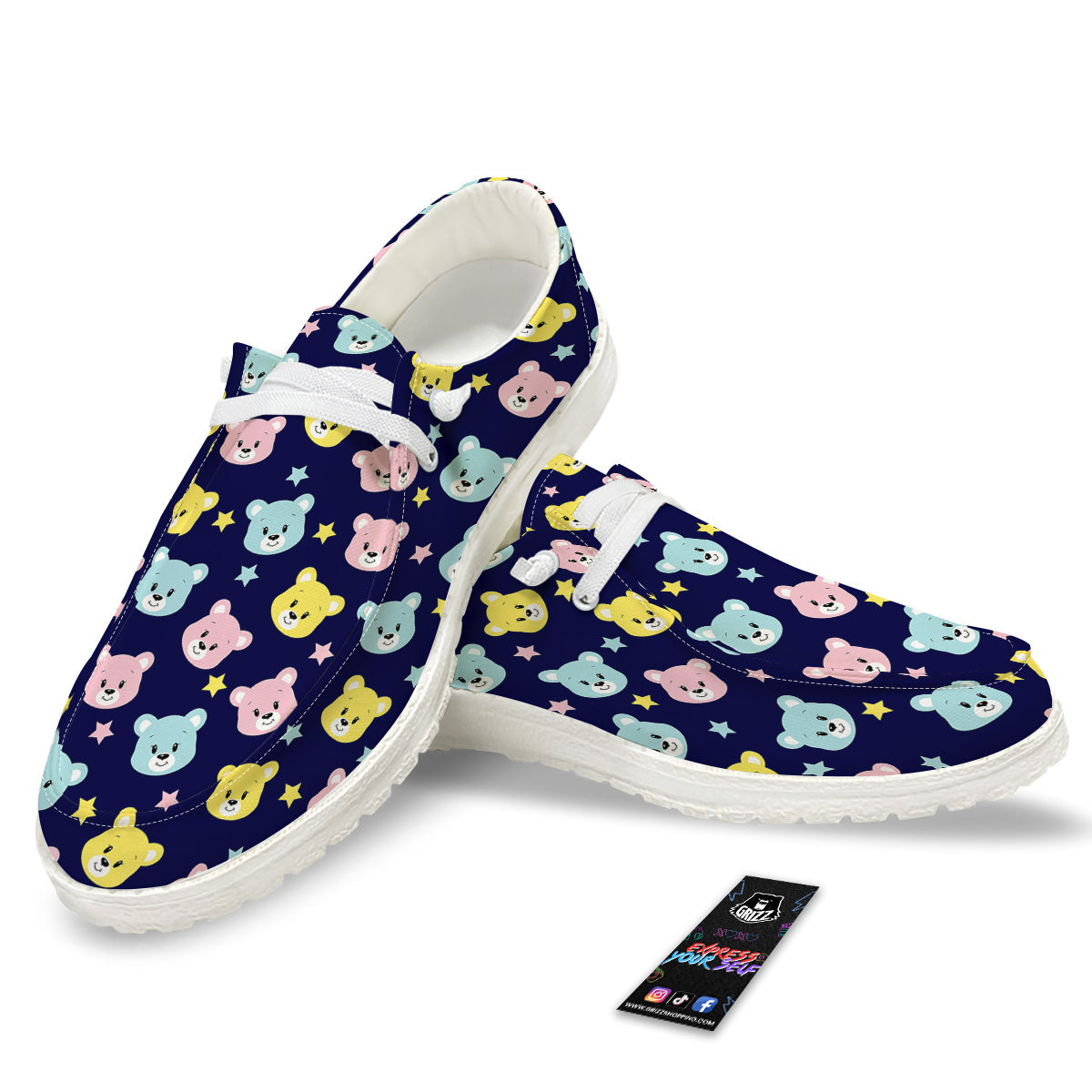 Emoji Bear Print Pattern White Loafers-grizzshop