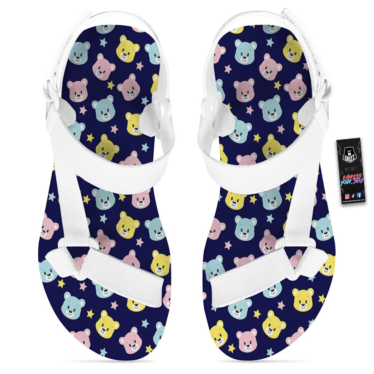 Emoji Bear Print Pattern White Open Toe Sandals-grizzshop
