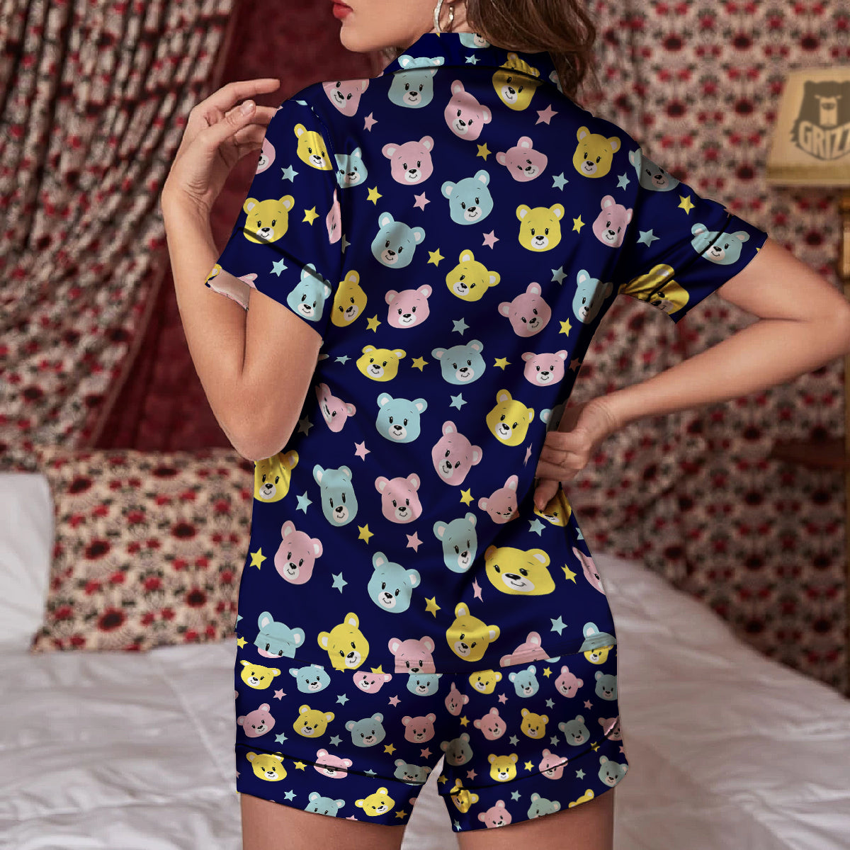 Emoji Bear Print Pattern Women Silk Pajamas-grizzshop