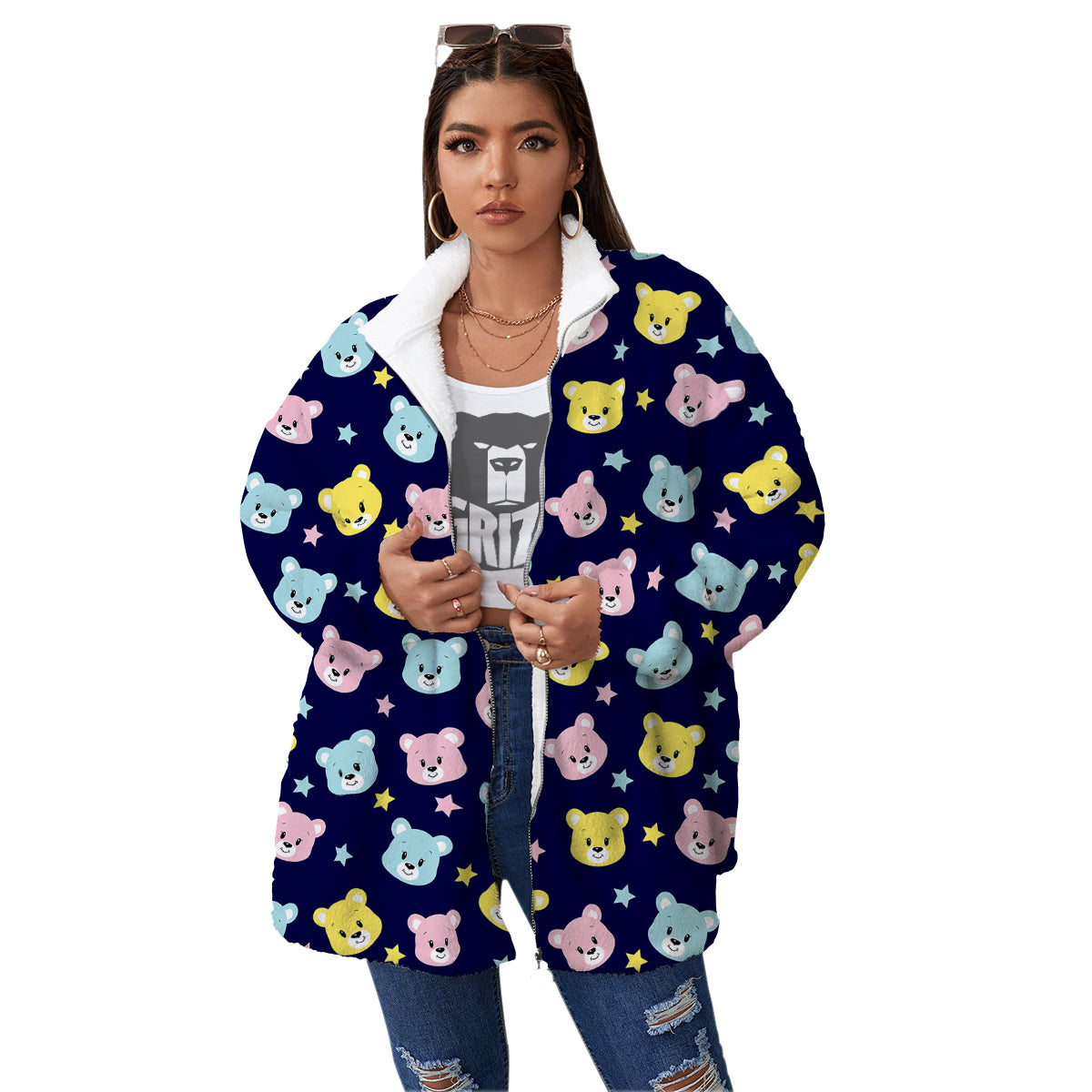 Emoji Bear Print Pattern Women's Sherpa Jacket-grizzshop