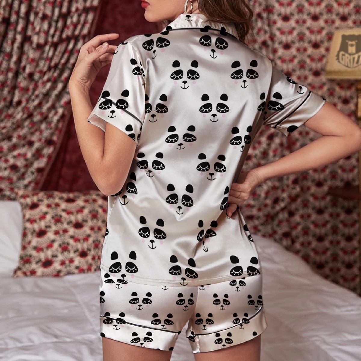 Emoji Bear Sleeping Print Pattern Women Silk Pajamas-grizzshop