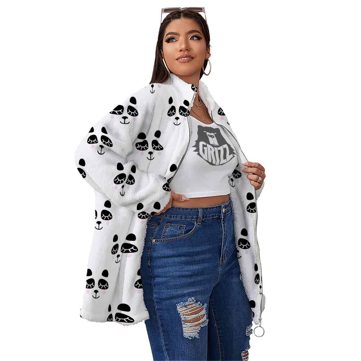 Emoji Bear Sleeping Print Pattern Women's Sherpa Jacket-grizzshop