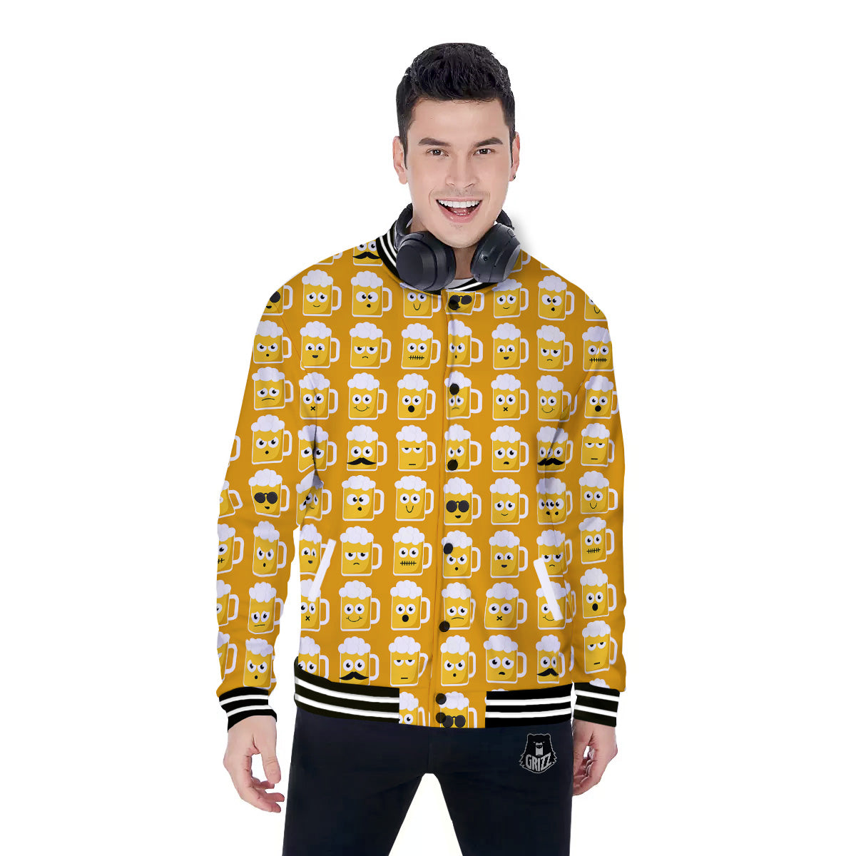 Emoji Beer Mugs Yellow Print Pattern Baseball Jacket-grizzshop