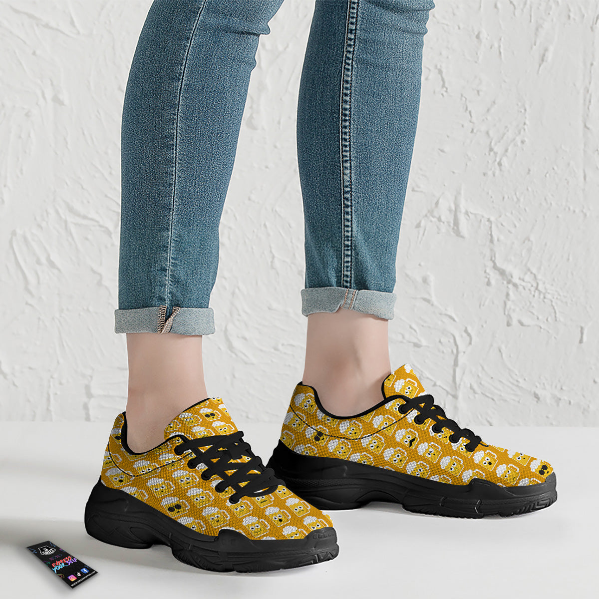 Emoji Beer Mugs Yellow Print Pattern Black Chunky Shoes-grizzshop
