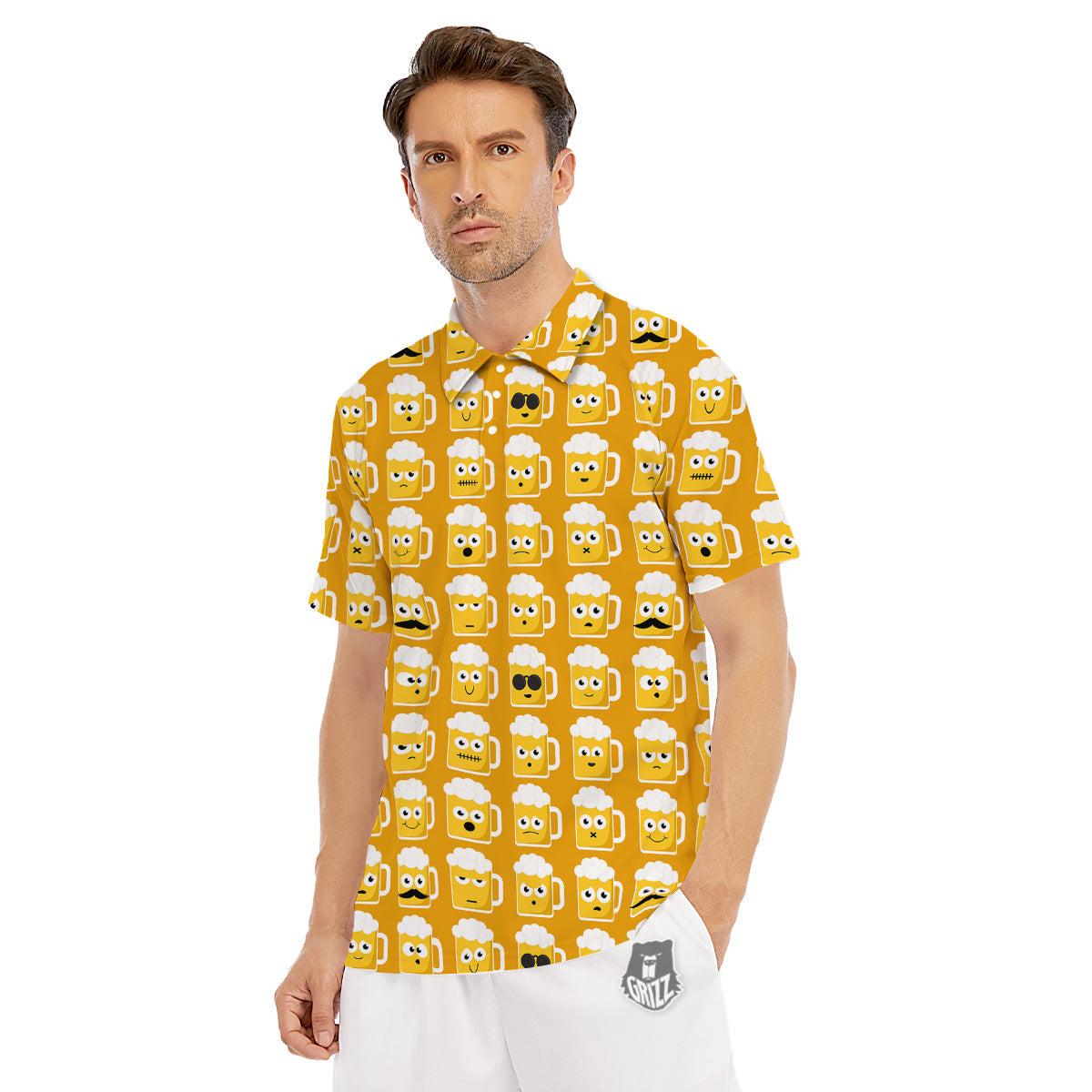 Emoji Beer Mugs Yellow Print Pattern Men's Golf Shirts-grizzshop