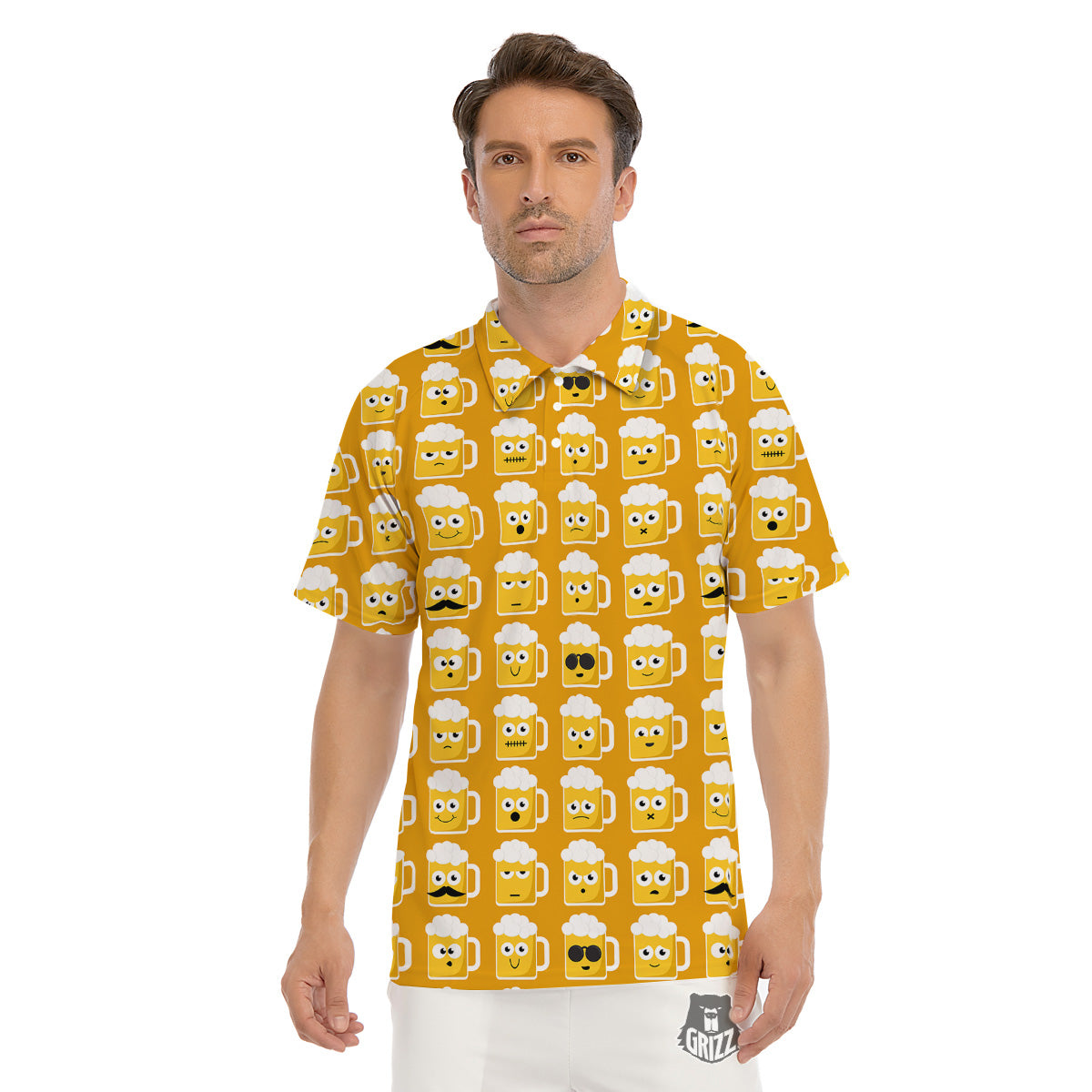 Emoji Beer Mugs Yellow Print Pattern Men's Golf Shirts-grizzshop