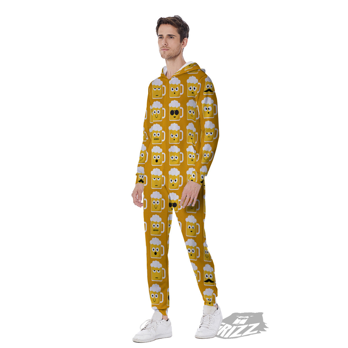 Emoji Beer Mugs Yellow Print Pattern Men's Jumpsuit-grizzshop