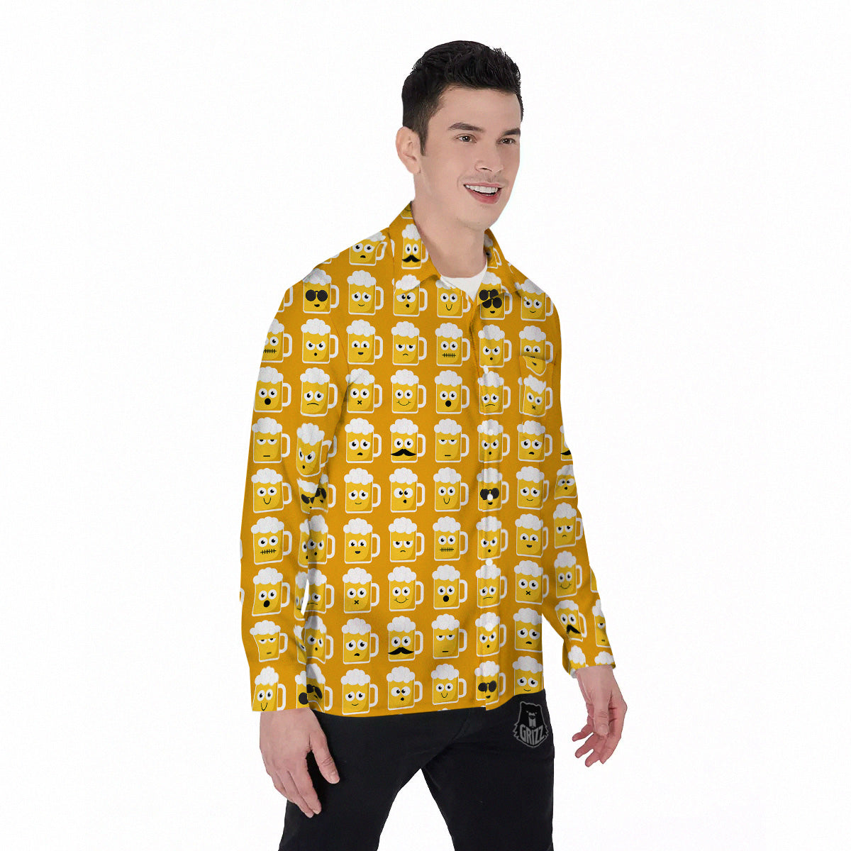 Emoji Beer Mugs Yellow Print Pattern Men's Long Sleeve Shirts-grizzshop
