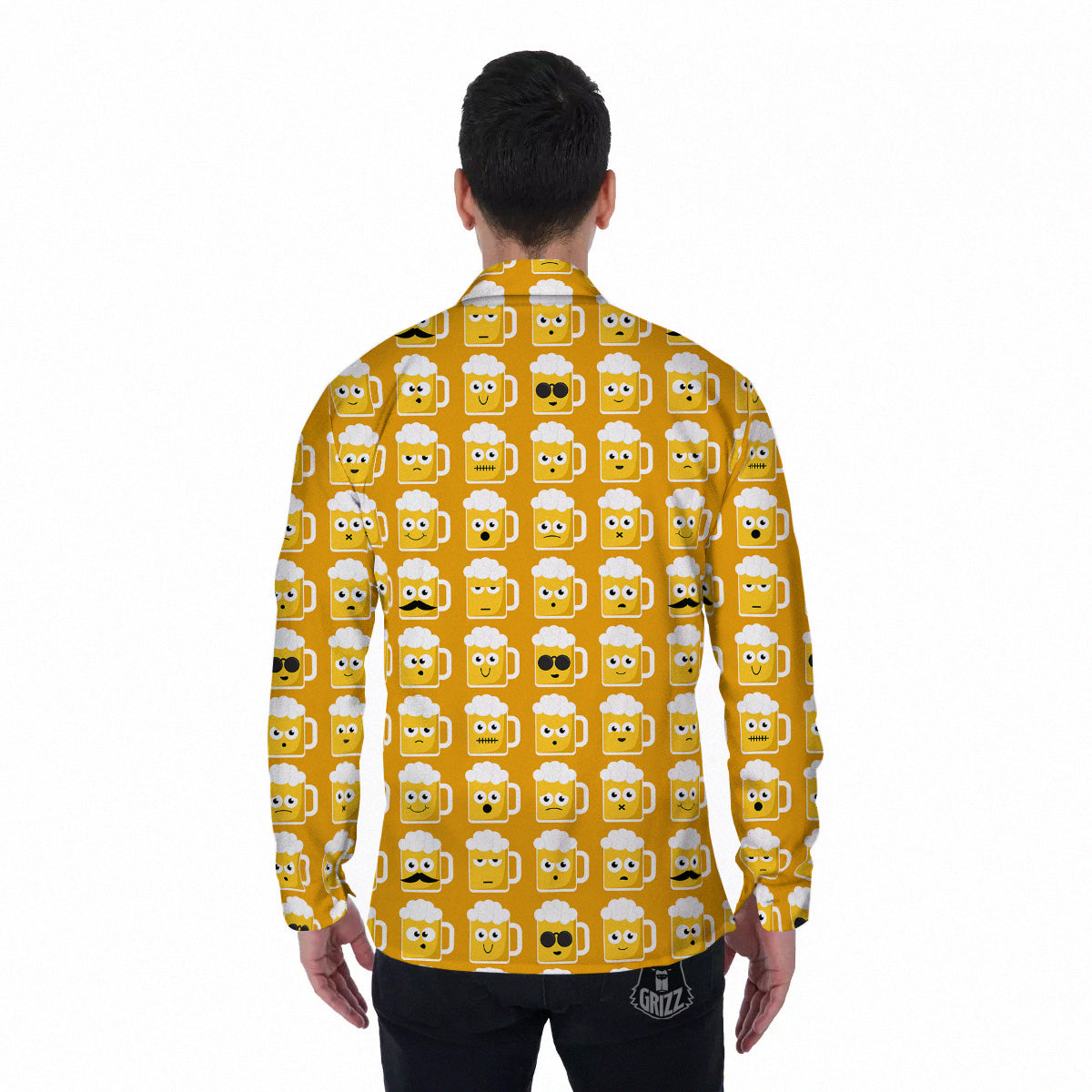 Emoji Beer Mugs Yellow Print Pattern Men's Long Sleeve Shirts-grizzshop