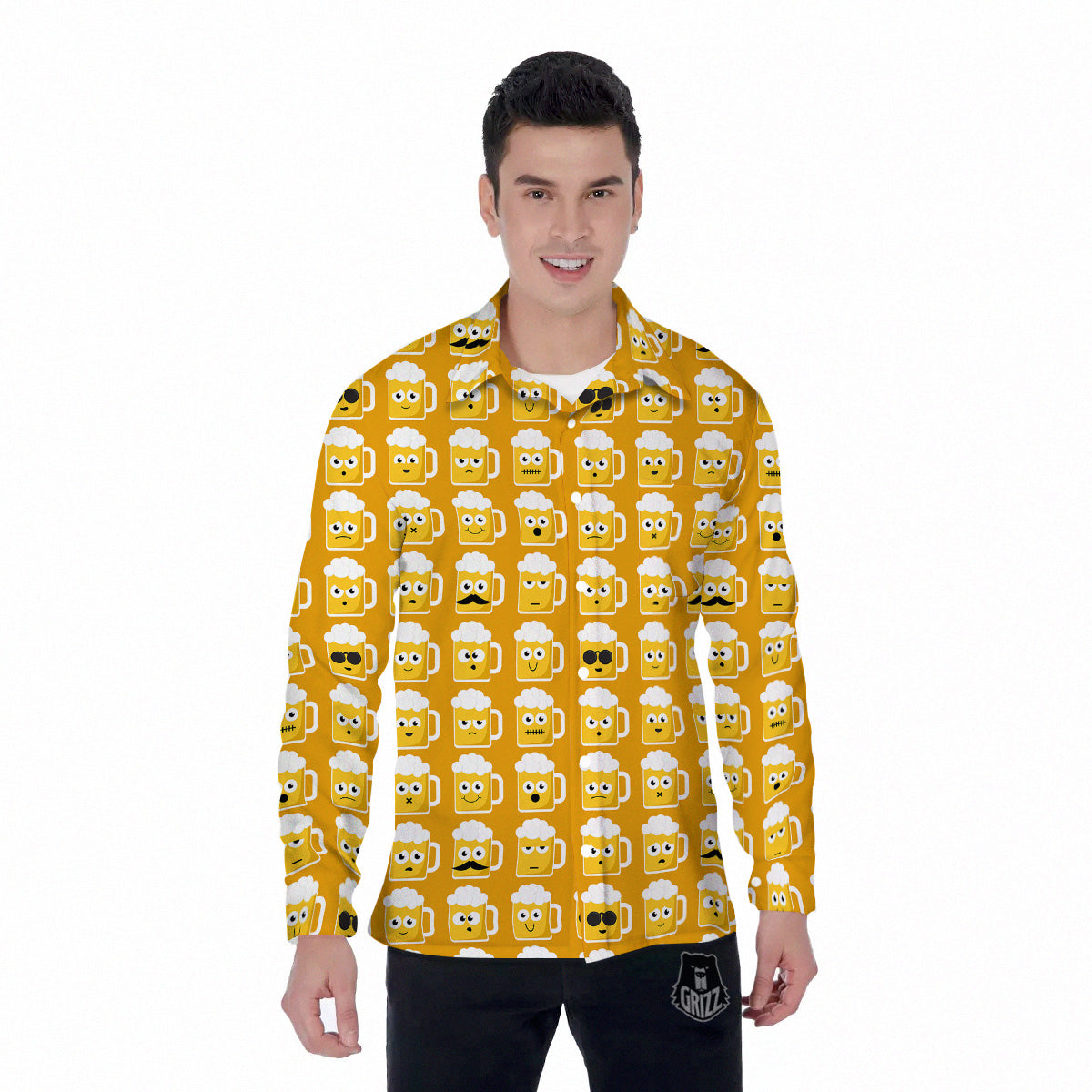 Emoji Beer Mugs Yellow Print Pattern Men's Long Sleeve Shirts-grizzshop
