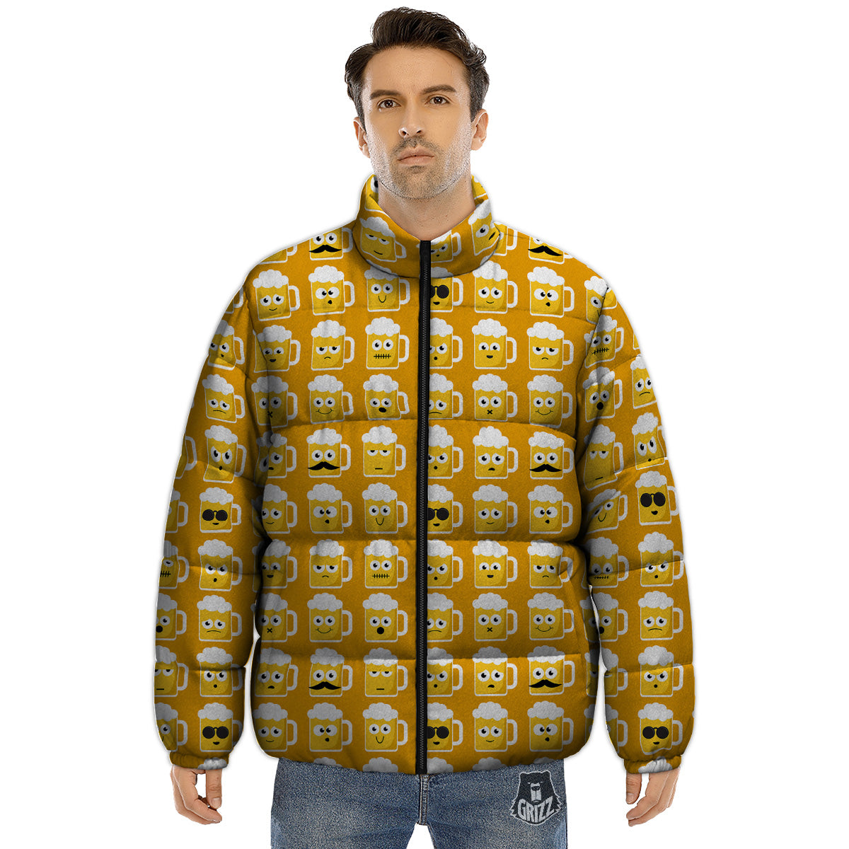 Emoji Beer Mugs Yellow Print Pattern Puffer Jacket-grizzshop