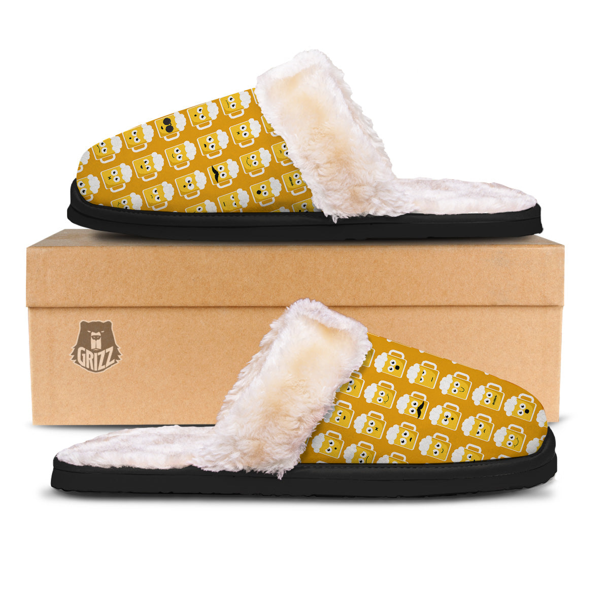Emoji Beer Mugs Yellow Print Pattern Slippers-grizzshop