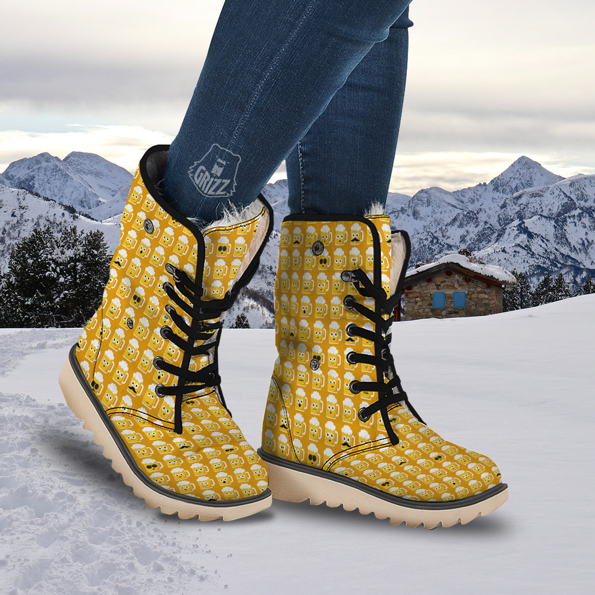 Emoji Beer Mugs Yellow Print Pattern Snow Boots-grizzshop