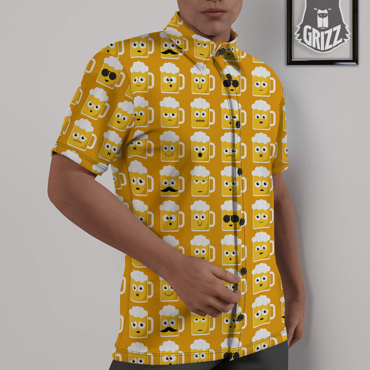 Emoji Beer Mugs Yellow Print Pattern Untucked Shirts-grizzshop