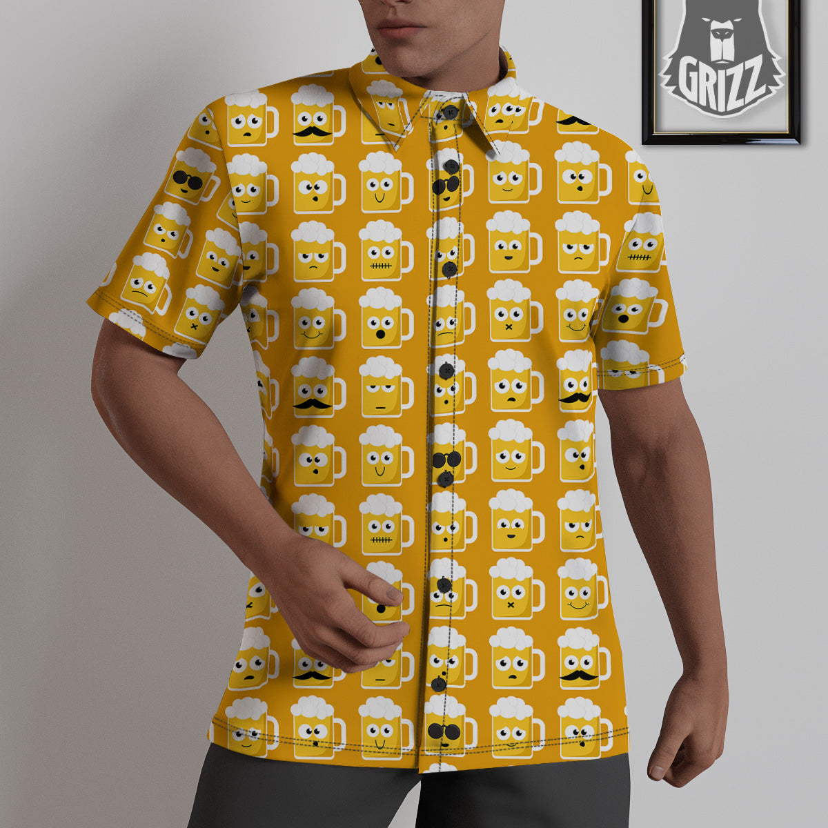 Emoji Beer Mugs Yellow Print Pattern Untucked Shirts-grizzshop