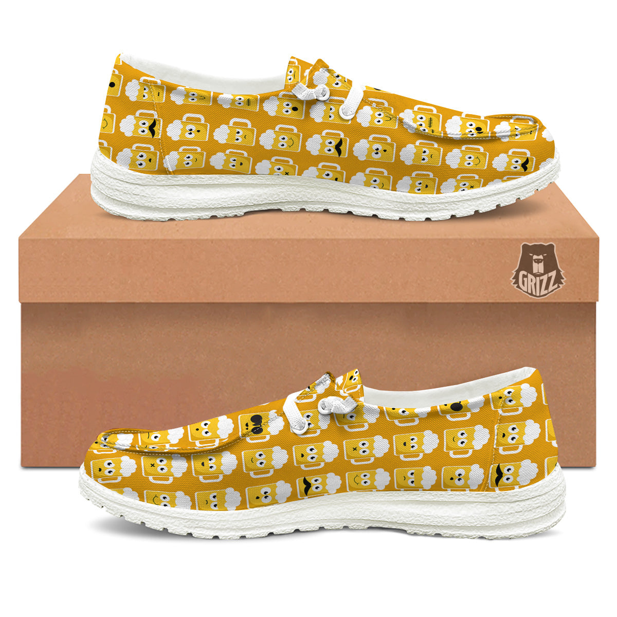 Emoji Beer Mugs Yellow Print Pattern White Loafers-grizzshop