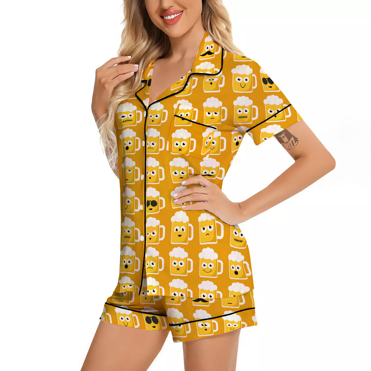 Emoji Beer Mugs Yellow Print Pattern Women Silk Pajamas-grizzshop