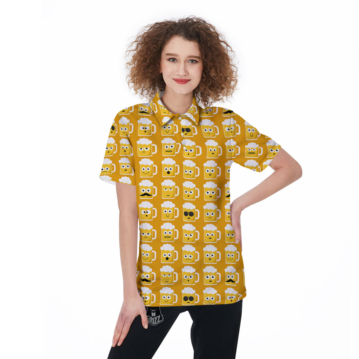 Emoji Beer Mugs Yellow Print Pattern Women's Golf Shirts-grizzshop