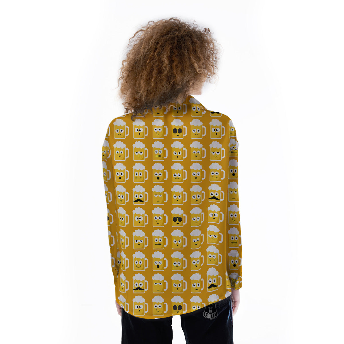 Emoji Beer Mugs Yellow Print Pattern Women's Long Sleeve Shirts-grizzshop