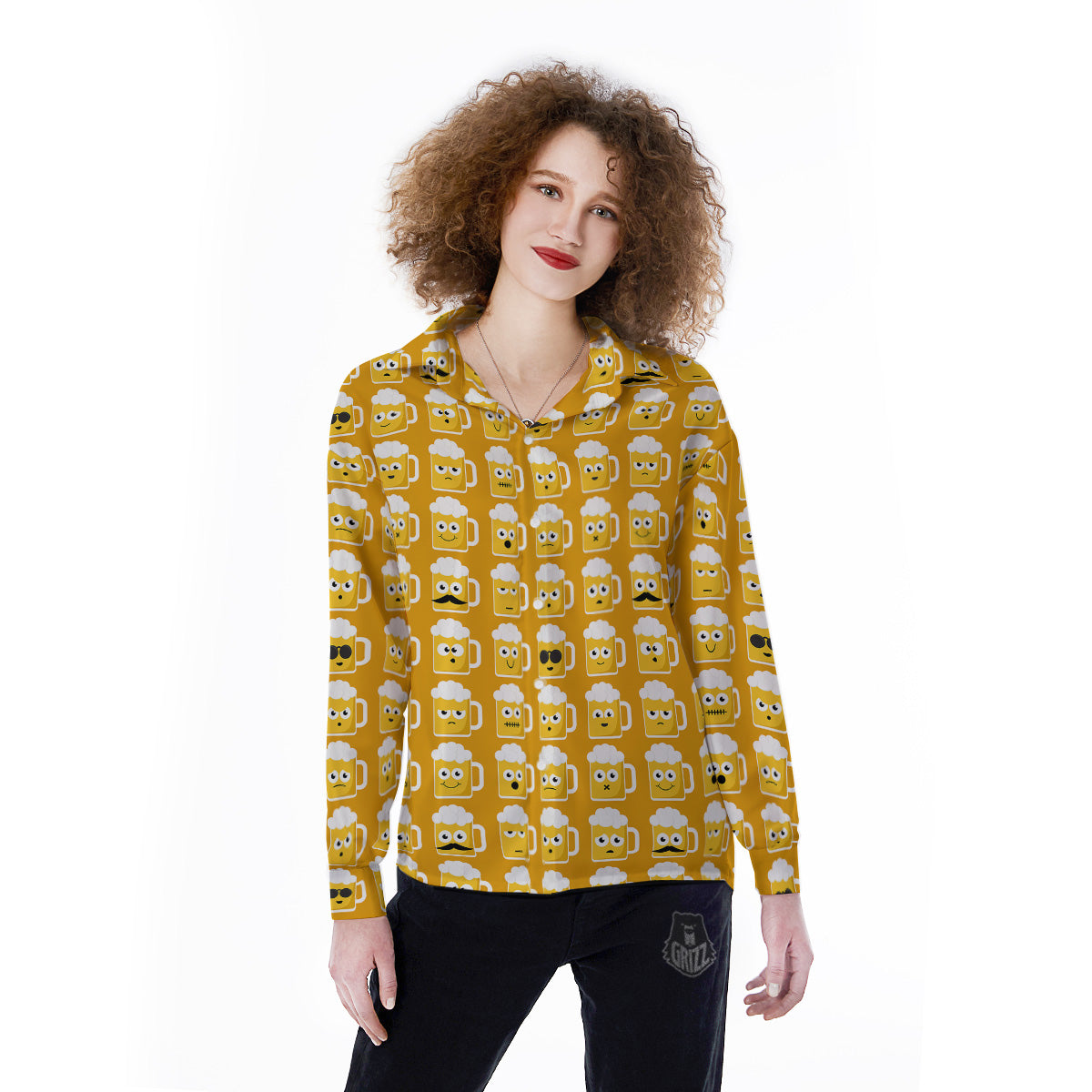 Emoji Beer Mugs Yellow Print Pattern Women's Long Sleeve Shirts-grizzshop