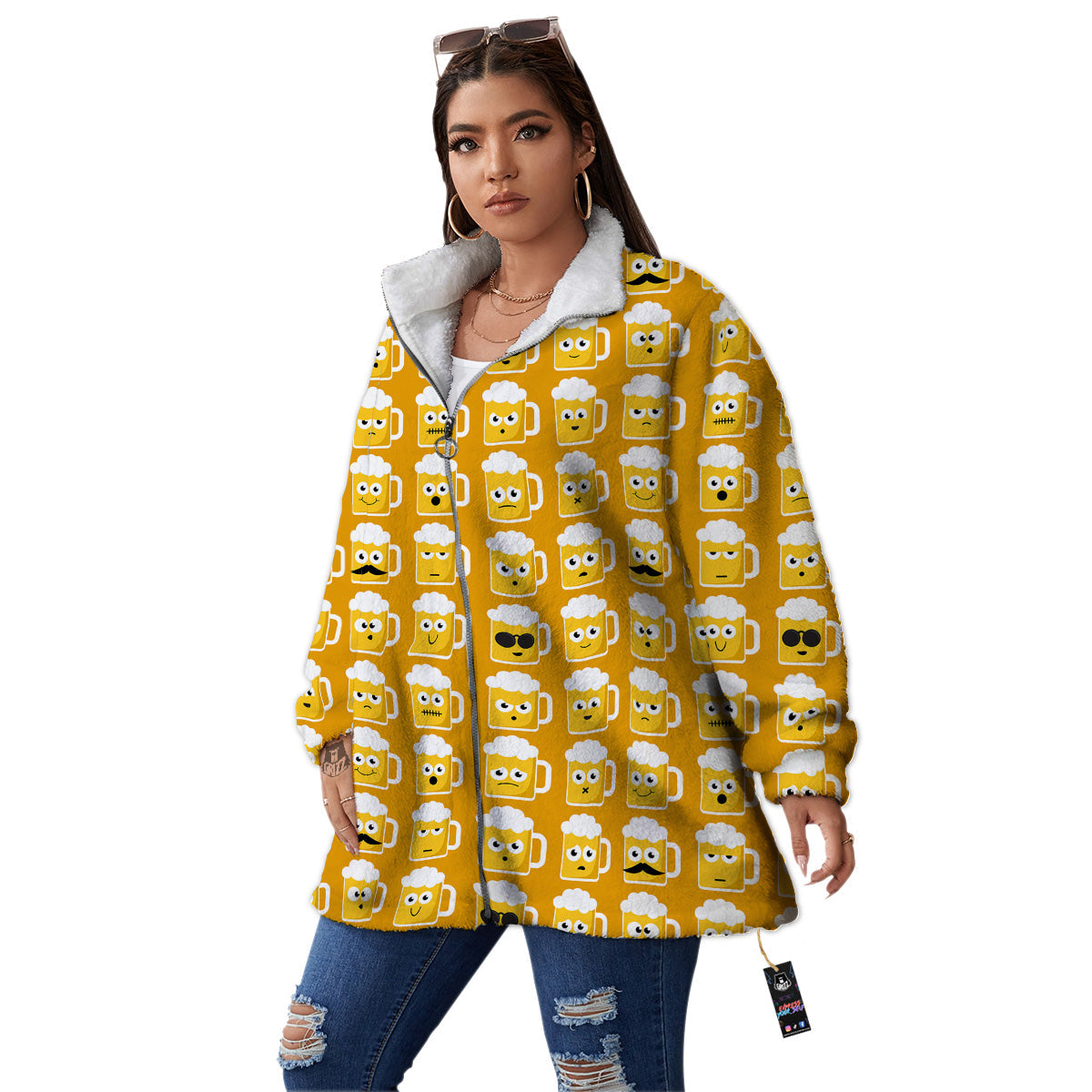 Emoji Beer Mugs Yellow Print Pattern Women's Sherpa Jacket-grizzshop