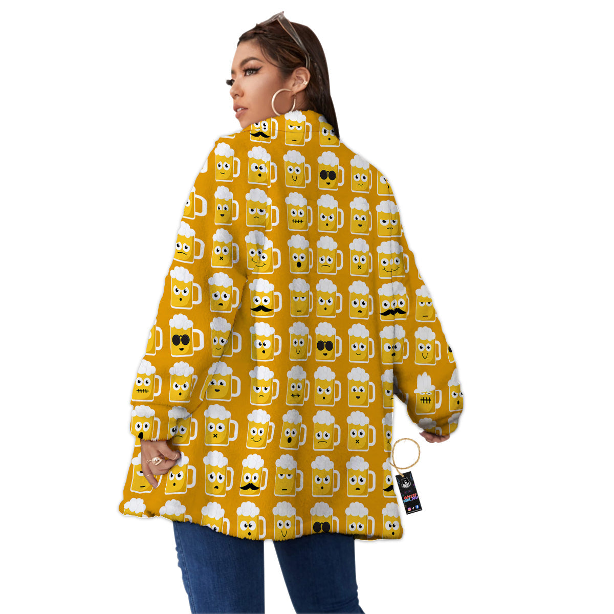 Emoji Beer Mugs Yellow Print Pattern Women's Sherpa Jacket-grizzshop