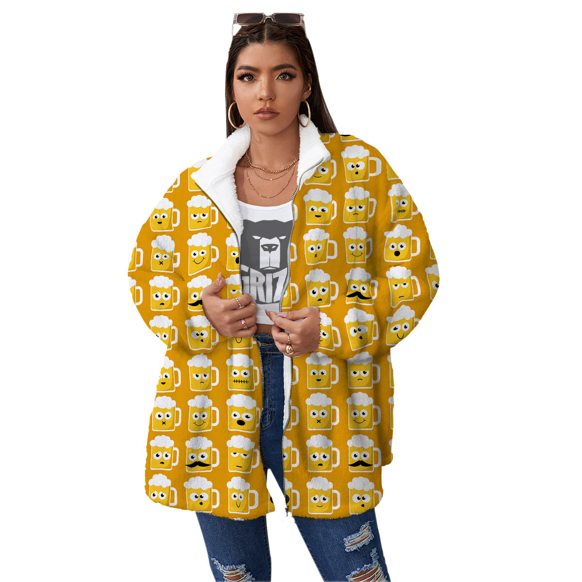 Emoji Beer Mugs Yellow Print Pattern Women's Sherpa Jacket-grizzshop
