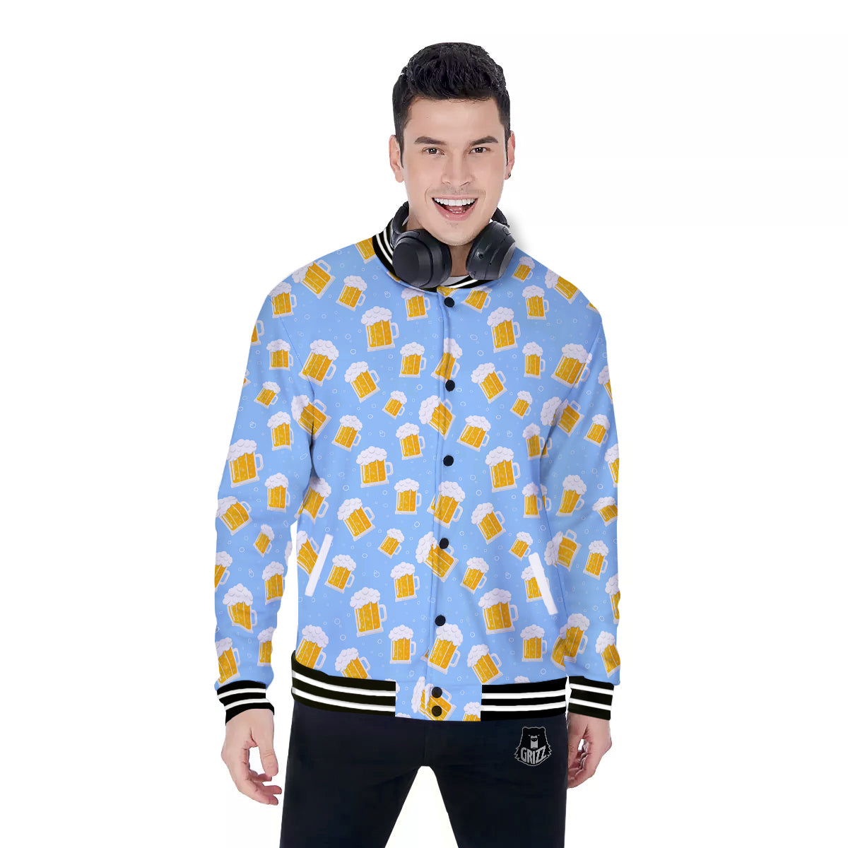 Emoji Beer Print Pattern Baseball Jacket-grizzshop